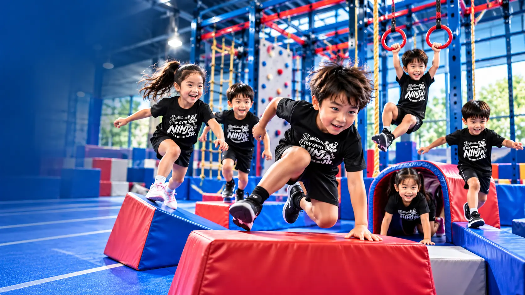 Kids in My Gym tees climbing over obstacle course mats